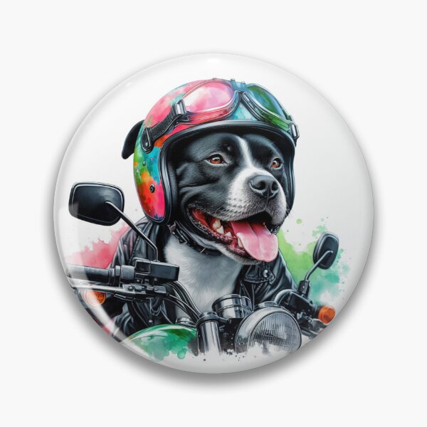 Item preview, Cool Happy Black and White Staffy on a Motorbike Colorful Watercolor Portrait designed and sold by MaedK.
