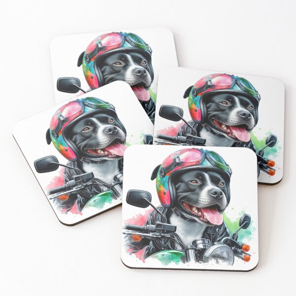 Item preview, Cool Happy Black and White Staffy on a Motorbike Colorful Watercolor Portrait designed and sold by MaedK.