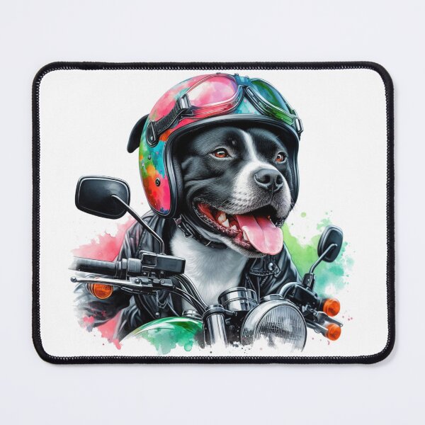 Item preview, Cool Happy Black and White Staffy on a Motorbike Colorful Watercolor Portrait designed and sold by MaedK.