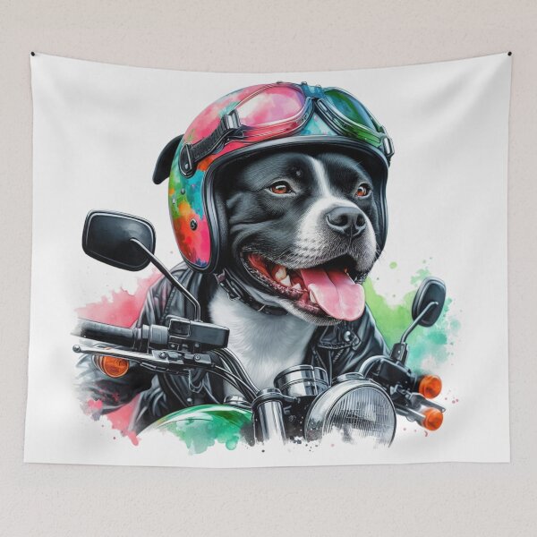 Item preview, Cool Happy Black and White Staffy on a Motorbike Colorful Watercolor Portrait designed and sold by MaedK.