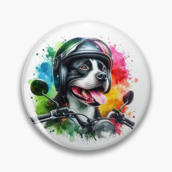 Item preview, Cool Happy Black and White Staffy on a Motorbike Colorful Watercolor Portrait designed and sold by MaedK.