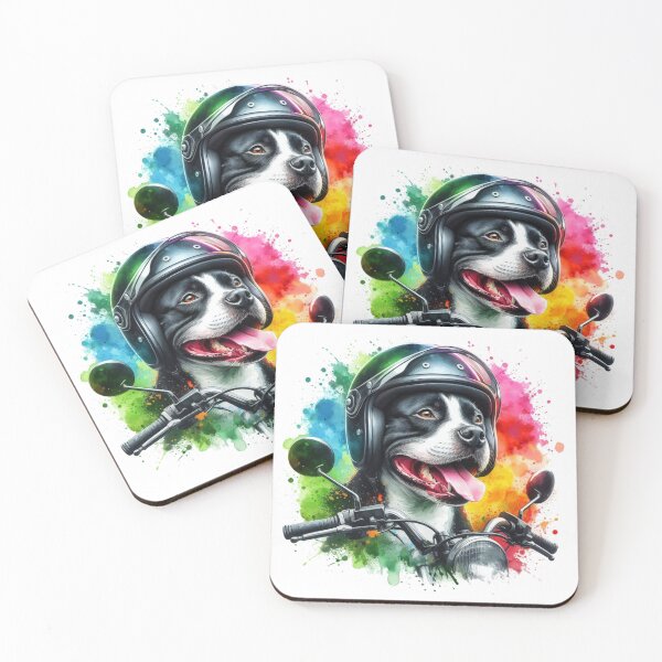 Item preview, Cool Happy Black and White Staffy on a Motorbike Colorful Watercolor Portrait designed and sold by MaedK.