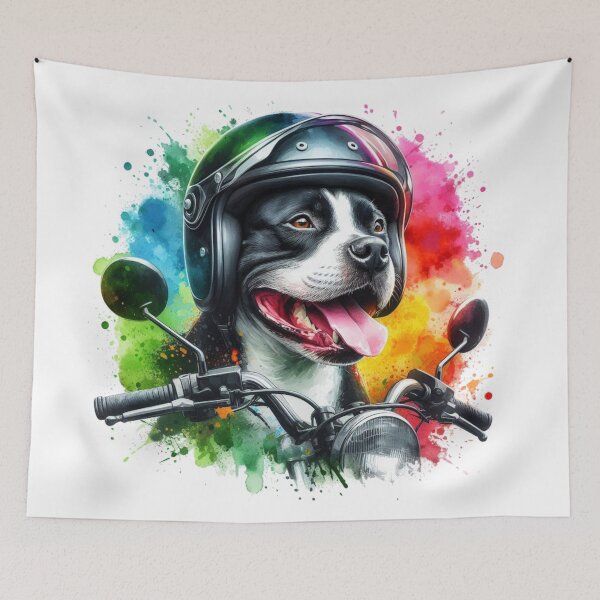 Item preview, Cool Happy Black and White Staffy on a Motorbike Colorful Watercolor Portrait designed and sold by MaedK.