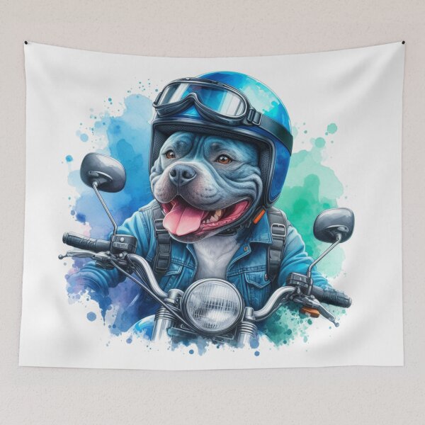 Item preview, Cool Happy Blue Staffy on a Motorbike Colorful Watercolor Portrait designed and sold by MaedK.