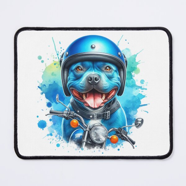 Item preview, Cool Happy Blue Staffy on a Motorbike Colorful Watercolor Portrait designed and sold by MaedK.