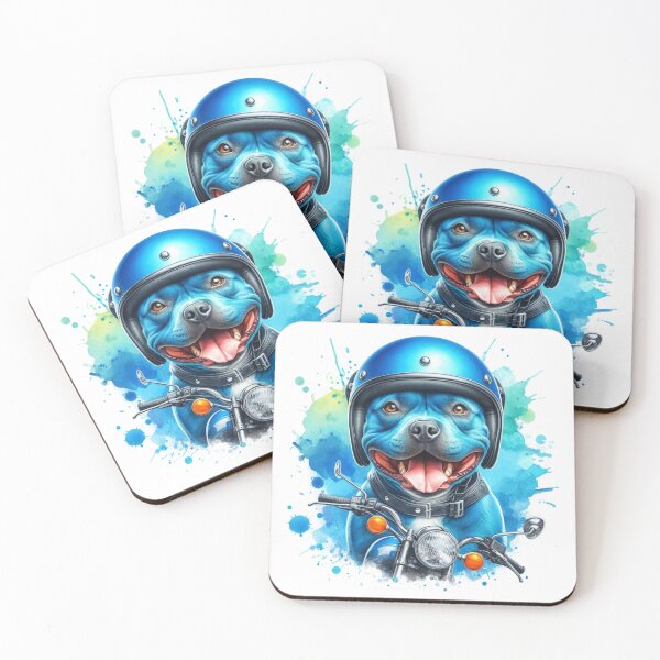 Item preview, Cool Happy Blue Staffy on a Motorbike Colorful Watercolor Portrait designed and sold by MaedK.
