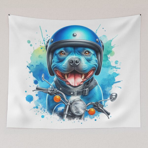 Item preview, Cool Happy Blue Staffy on a Motorbike Colorful Watercolor Portrait designed and sold by MaedK.