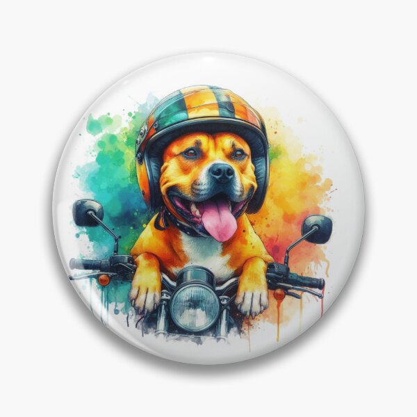 Item preview, Cool Happy Golden Staffy on a Motorbike Colorful Watercolor Portrait designed and sold by MaedK.