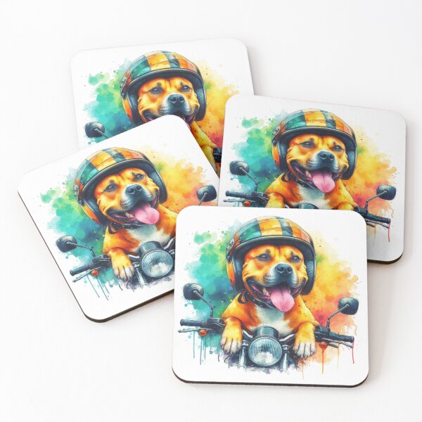 Item preview, Cool Happy Golden Staffy on a Motorbike Colorful Watercolor Portrait designed and sold by MaedK.