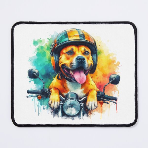 Item preview, Cool Happy Golden Staffy on a Motorbike Colorful Watercolor Portrait designed and sold by MaedK.