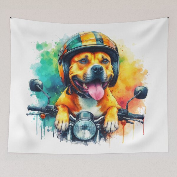 Item preview, Cool Happy Golden Staffy on a Motorbike Colorful Watercolor Portrait designed and sold by MaedK.
