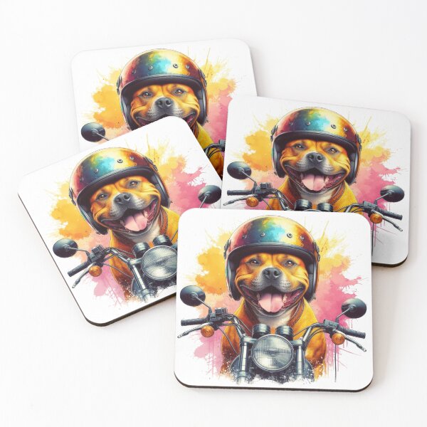 Item preview, Cool Happy Golden Staffy on a Motorbike Colorful Watercolor Portrait designed and sold by MaedK.