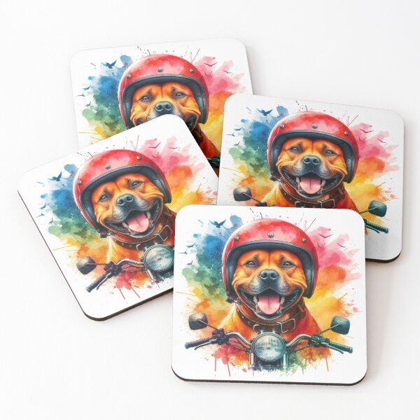 Item preview, Cool Happy Red Staffy on a Motorbike Colorful Watercolor Portrait designed and sold by MaedK.