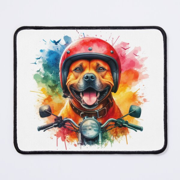 Item preview, Cool Happy Red Staffy on a Motorbike Colorful Watercolor Portrait designed and sold by MaedK.