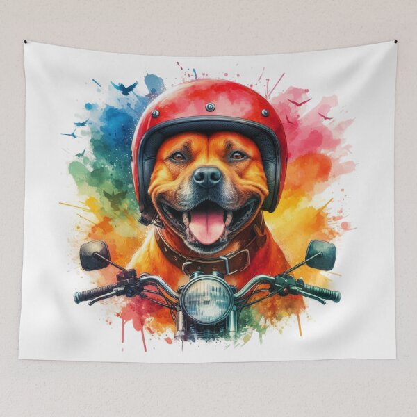 Item preview, Cool Happy Red Staffy on a Motorbike Colorful Watercolor Portrait designed and sold by MaedK.