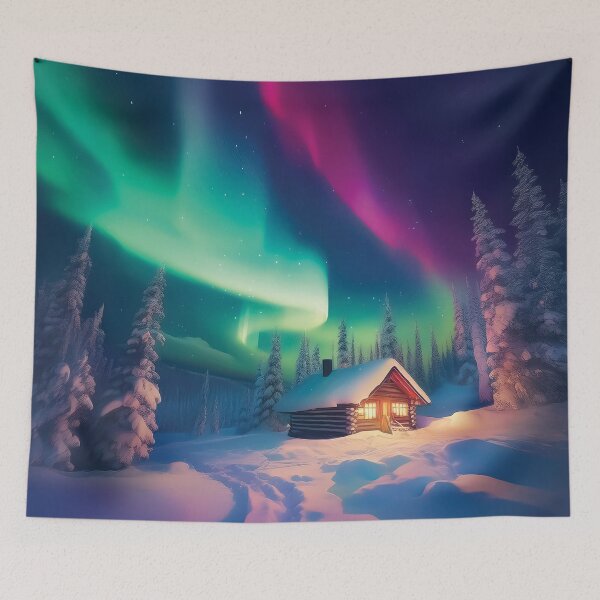 Aperçu de l'œuvre Un dessin d'aurores boréales tourbillonnant dans un ciel vibrant au-dessus d'une confortable cabane recouverte de neige. créée et vendue par HEMRO.