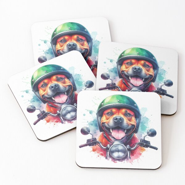 Item preview, Cool Happy Red Staffy on a Motorbike Colorful Watercolor Portrait designed and sold by MaedK.