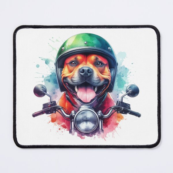 Item preview, Cool Happy Red Staffy on a Motorbike Colorful Watercolor Portrait designed and sold by MaedK.