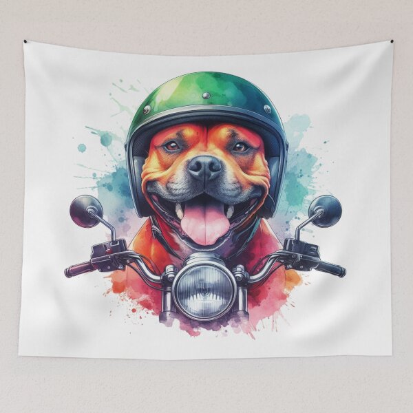 Item preview, Cool Happy Red Staffy on a Motorbike Colorful Watercolor Portrait designed and sold by MaedK.