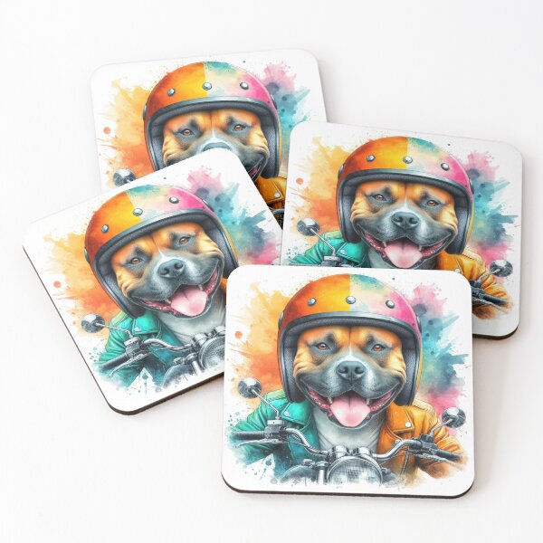 Item preview, Cool Happy Staffy on a Motorbike Colorful Watercolor Portrait designed and sold by MaedK.