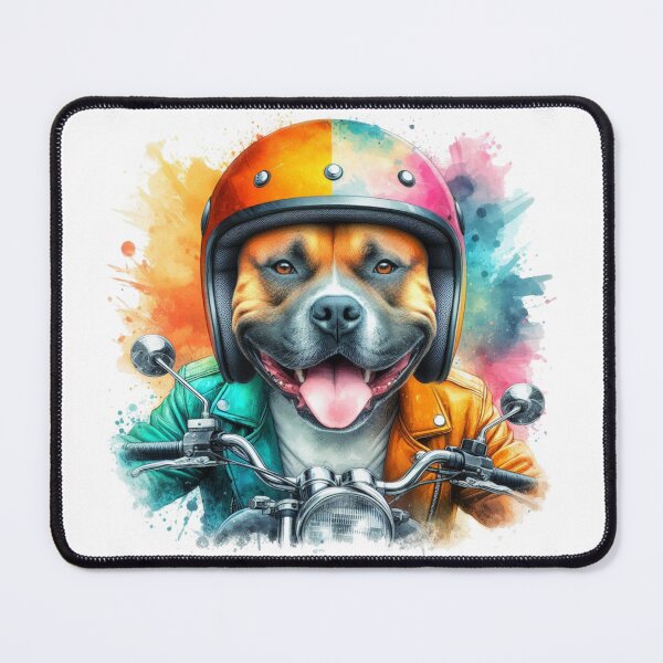 Item preview, Cool Happy Staffy on a Motorbike Colorful Watercolor Portrait designed and sold by MaedK.