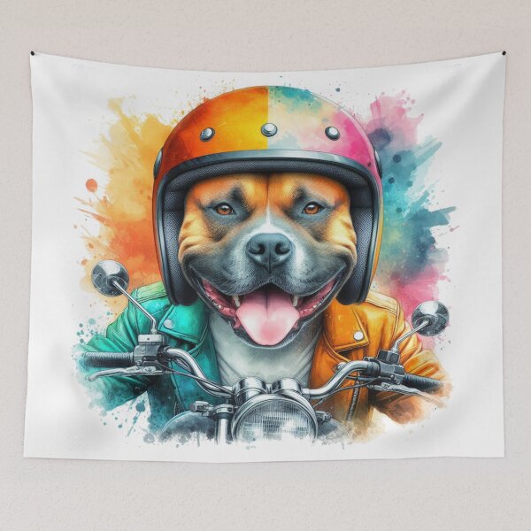 Item preview, Cool Happy Staffy on a Motorbike Colorful Watercolor Portrait designed and sold by MaedK.