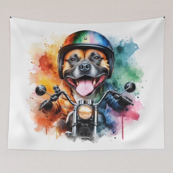 Item preview, Cool Happy Staffy on a Motorbike Colorful Watercolor Portrait designed and sold by MaedK.