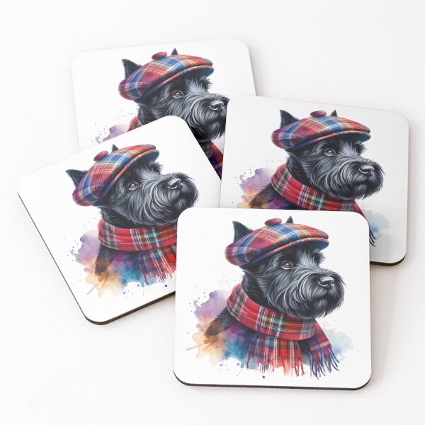 Item preview, Black Scottish Terrier Scottie Dog Wearing Red Tartan Flat Cap And Scarf Colorful Watercolor Portrait designed and sold by MaedK.