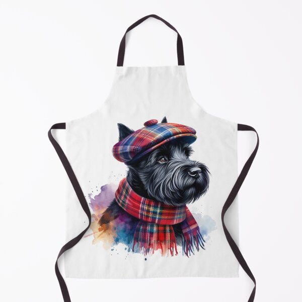 Item preview, Black Scottish Terrier Scottie Dog Wearing Red Tartan Flat Cap And Scarf Colorful Watercolor Portrait designed and sold by MaedK.