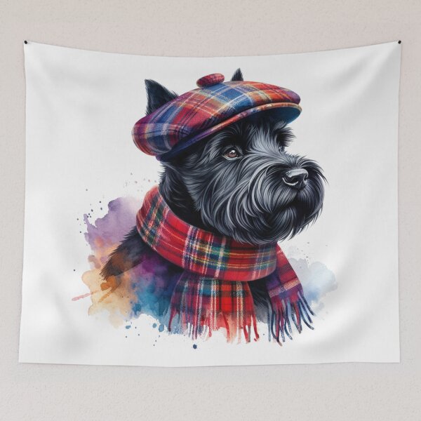 Item preview, Black Scottish Terrier Scottie Dog Wearing Red Tartan Flat Cap And Scarf Colorful Watercolor Portrait designed and sold by MaedK.