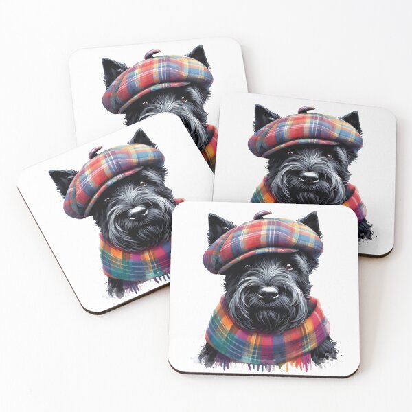Item preview, Black Scottish Terrier Scottie Dog Wearing Red Tartan Flat Cap And Scarf Colorful Watercolor Portrait designed and sold by MaedK.