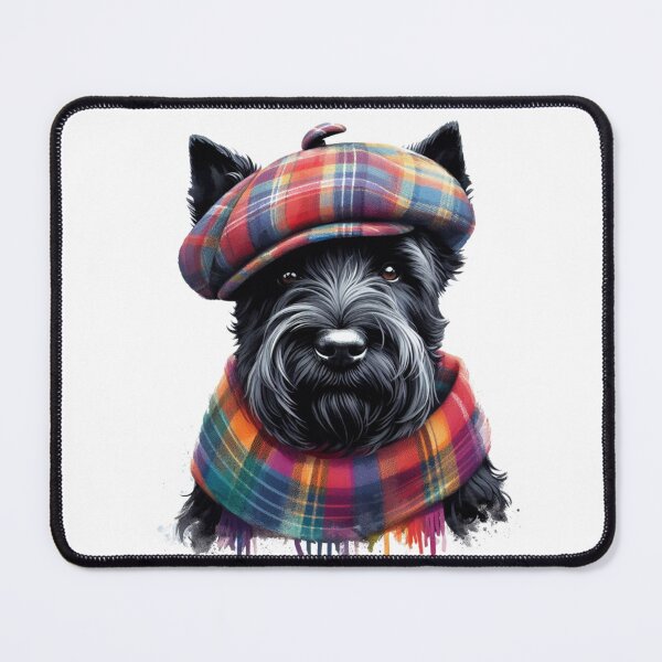 Item preview, Black Scottish Terrier Scottie Dog Wearing Red Tartan Flat Cap And Scarf Colorful Watercolor Portrait designed and sold by MaedK.