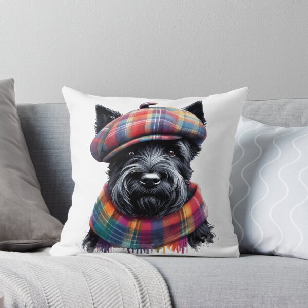 Item preview, Black Scottish Terrier Scottie Dog Wearing Red Tartan Flat Cap And Scarf Colorful Watercolor Portrait designed and sold by MaedK.