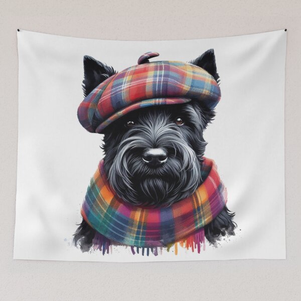 Item preview, Black Scottish Terrier Scottie Dog Wearing Red Tartan Flat Cap And Scarf Colorful Watercolor Portrait designed and sold by MaedK.