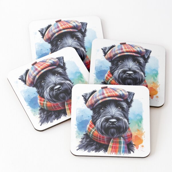 Item preview, Black Scottish Terrier Scottie Dog Wearing Red Tartan Flat Cap And Scarf Colorful Watercolor Portrait designed and sold by MaedK.