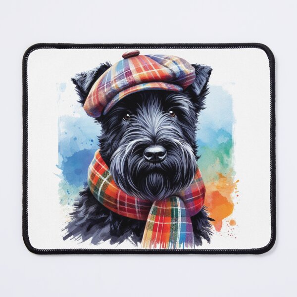 Item preview, Black Scottish Terrier Scottie Dog Wearing Red Tartan Flat Cap And Scarf Colorful Watercolor Portrait designed and sold by MaedK.