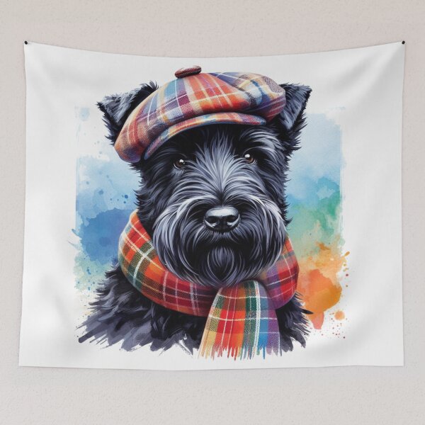 Item preview, Black Scottish Terrier Scottie Dog Wearing Red Tartan Flat Cap And Scarf Colorful Watercolor Portrait designed and sold by MaedK.