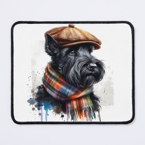 Item preview, Black Scottish Terrier Scottie Dog Wearing Brown Flat Cap And Scarf Colorful Watercolor Portrait designed and sold by MaedK.