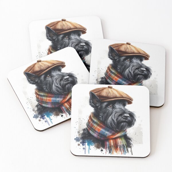 Item preview, Black Scottish Terrier Scottie Dog Wearing Brown Flat Cap And Scarf Colorful Watercolor Portrait designed and sold by MaedK.