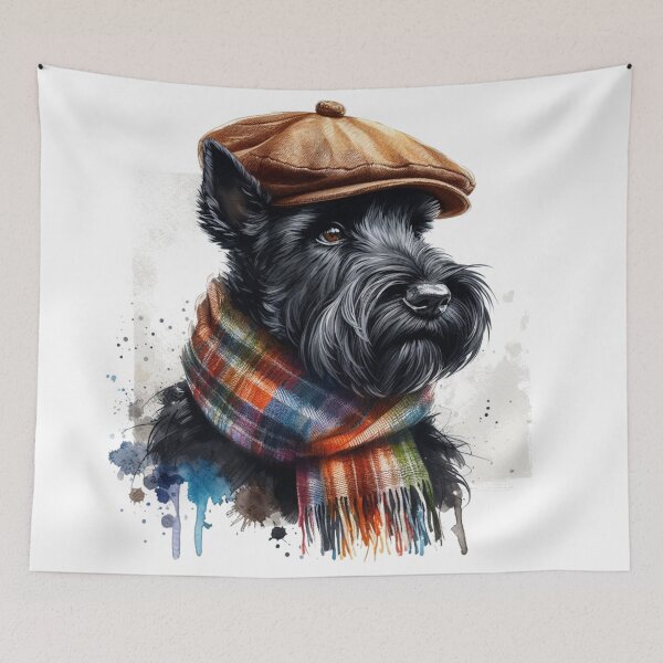 Item preview, Black Scottish Terrier Scottie Dog Wearing Brown Flat Cap And Scarf Colorful Watercolor Portrait designed and sold by MaedK.