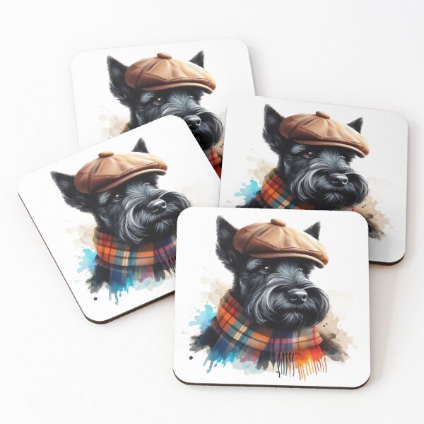Item preview, Black Scottish Terrier Scottie Dog Wearing Brown Flat Cap And Scarf Colorful Watercolor Portrait designed and sold by MaedK.