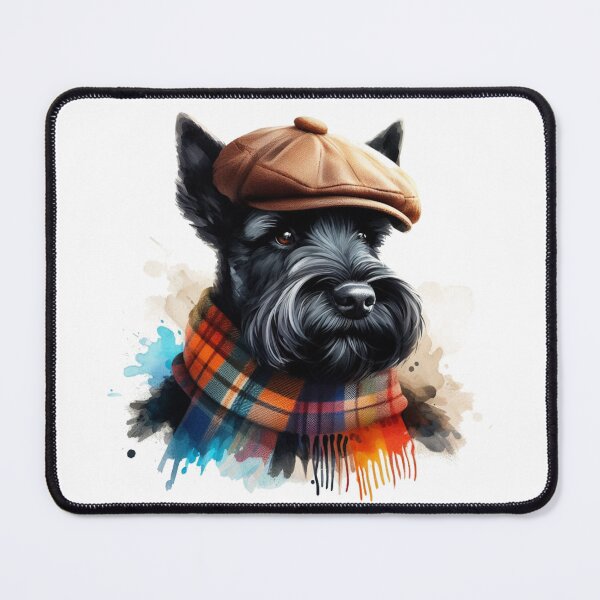 Item preview, Black Scottish Terrier Scottie Dog Wearing Brown Flat Cap And Scarf Colorful Watercolor Portrait designed and sold by MaedK.