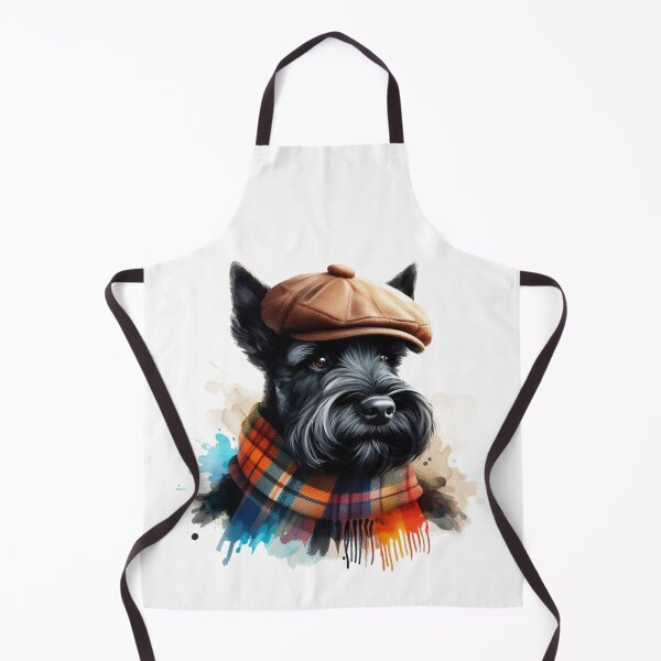 Item preview, Black Scottish Terrier Scottie Dog Wearing Brown Flat Cap And Scarf Colorful Watercolor Portrait designed and sold by MaedK.
