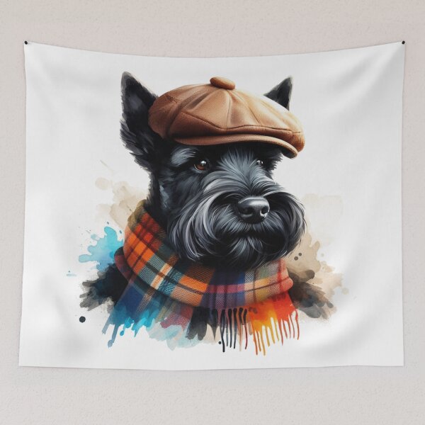 Item preview, Black Scottish Terrier Scottie Dog Wearing Brown Flat Cap And Scarf Colorful Watercolor Portrait designed and sold by MaedK.