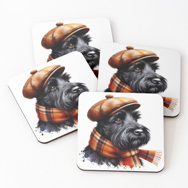 Item preview, Black Scottish Terrier Scottie Dog Wearing Brown Flat Cap And Scarf Colorful Watercolor Portrait designed and sold by MaedK.