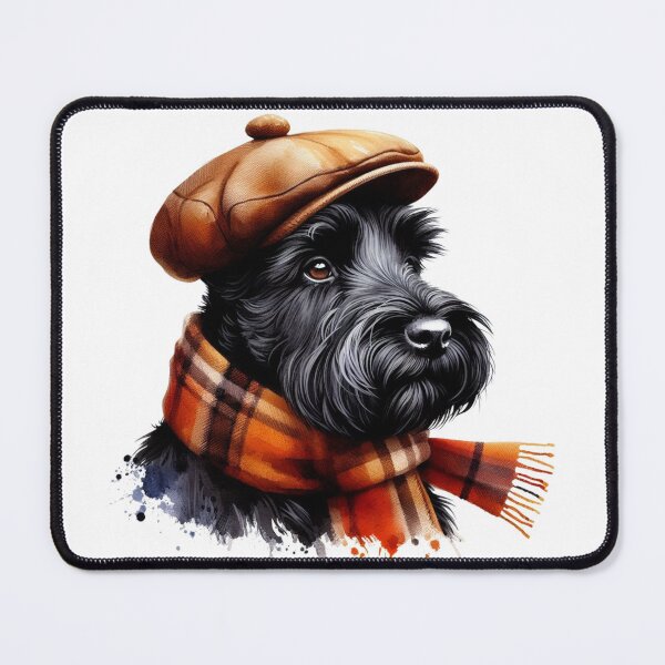 Item preview, Black Scottish Terrier Scottie Dog Wearing Brown Flat Cap And Scarf Colorful Watercolor Portrait designed and sold by MaedK.