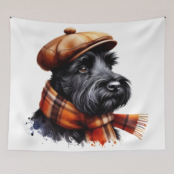Item preview, Black Scottish Terrier Scottie Dog Wearing Brown Flat Cap And Scarf Colorful Watercolor Portrait designed and sold by MaedK.