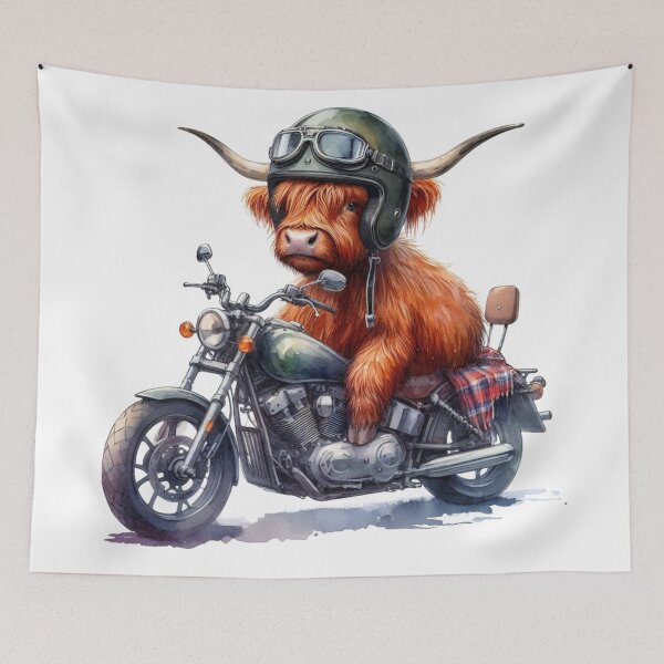Item preview, Cool Scottish Highland Cow on a Motorbike Colorful Watercolor designed and sold by MaedK.