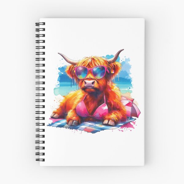 Aperçu de l'œuvre Vache écossaise des Highlands en vacances se faisant bronzer dans les tons et bikini aquarelle colorée créée et vendue par MaedK.