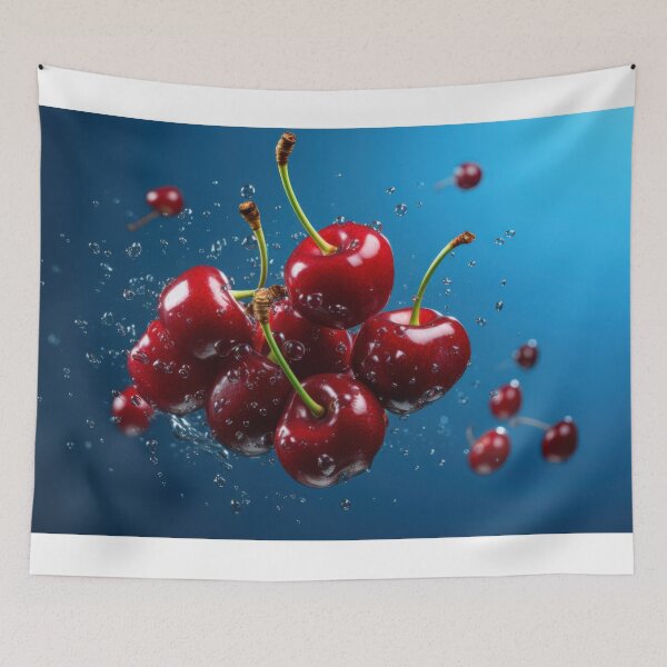 Item preview, A cluster of vibrant red cherries is depicted mid-air, designed and sold by anytka.